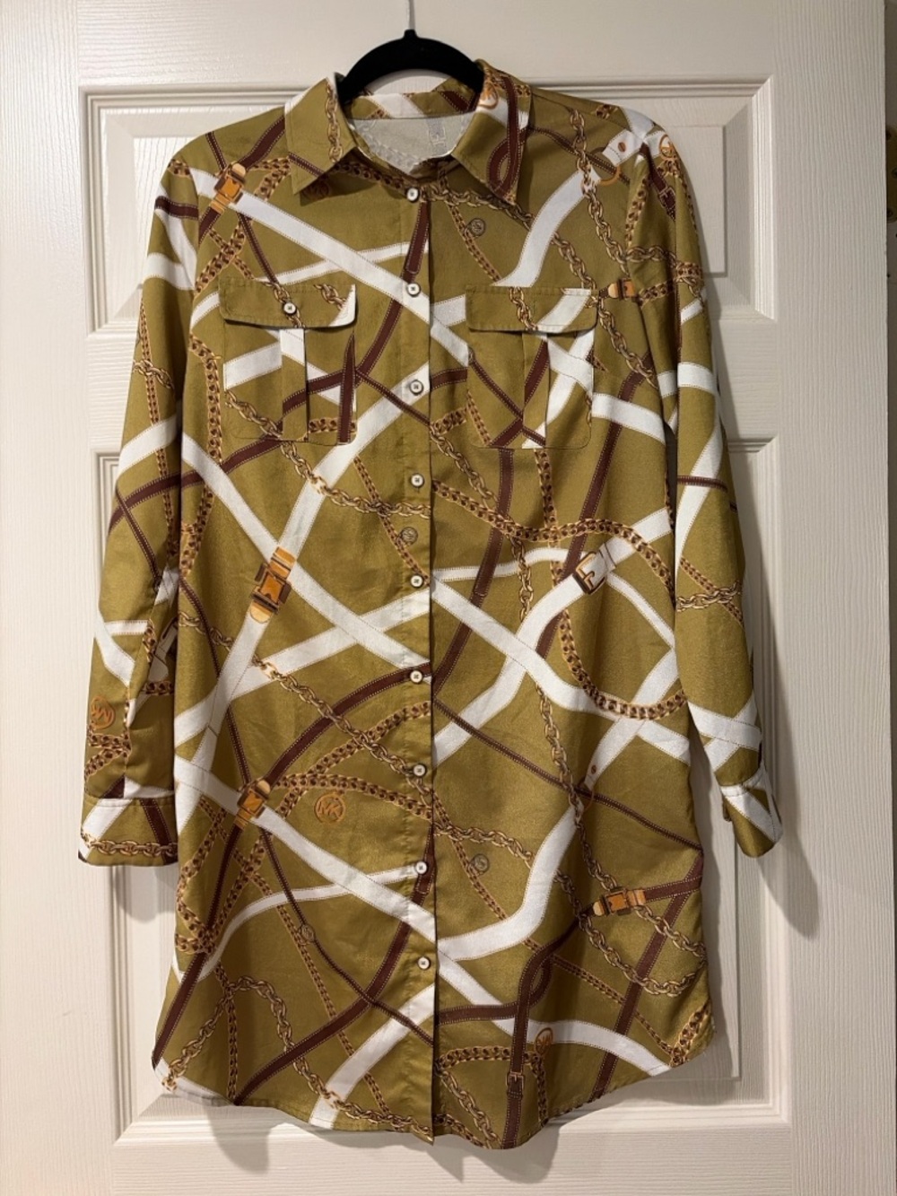 Michael Kors Chain Print Satin Button Down Blouse Equestrian